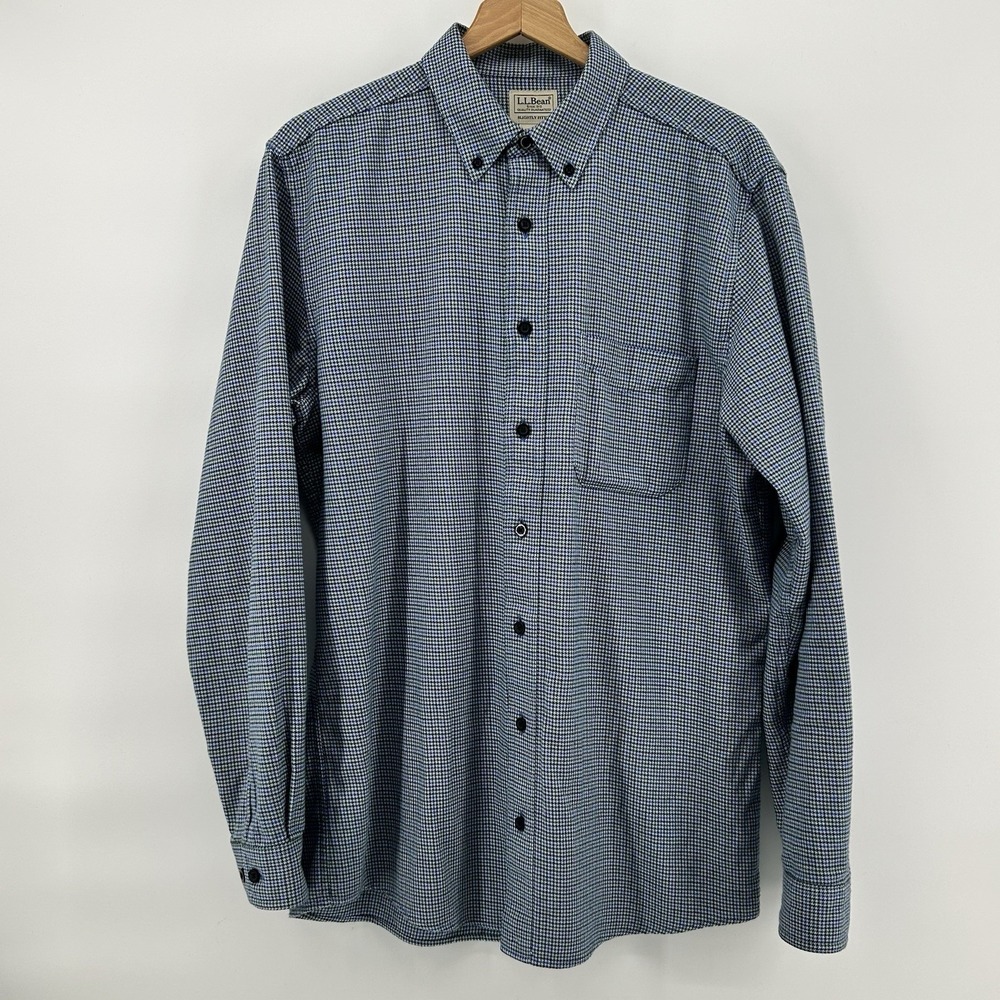 LL Bean Flannel Shirt M Tall Blue Green Houndstooth Slightly Fitted Heritage